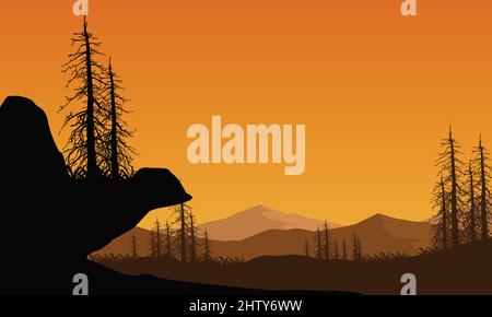 Great view from the cliff edge at sunrise with the silhouettes of dry pine trees all around. Vector illustration of a city Stock Vector