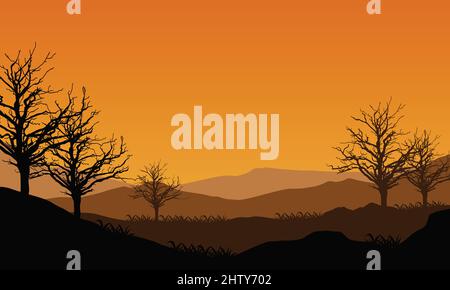 Mountain view with realistic dry tree silhouette from outside in the heat of the morning. Vector illustration of a city Stock Vector