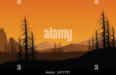 Amazing view of the mountains from the riverside at sunrise with the silhouettes of dry trees all around. Vector illustration of a city Stock Vector