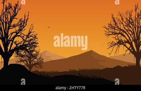 Beautiful mountain panorama in the early morning from the countryside with the silhouettes of large trees around it. Vector illustration of a city Stock Vector