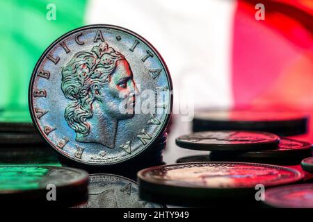 Italy 5 Lire Coin 1978 Obverse Italian Flag Background Stock Photo