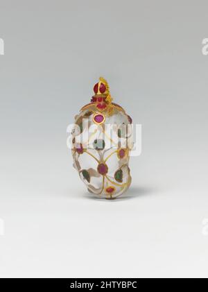 Art inspired by Mango-Shaped Flask, mid-17th century, Attributed to India, Rock crystal; set with gold, enamel, rubies, and emeralds, H. 2 1/2 in. (6.5 cm), Stone, In spite of its modest size, this flask in the shape of a mango, adorned with gold, gems, and enameling, eloquently, Classic works modernized by Artotop with a splash of modernity. Shapes, color and value, eye-catching visual impact on art. Emotions through freedom of artworks in a contemporary way. A timeless message pursuing a wildly creative new direction. Artists turning to the digital medium and creating the Artotop NFT Stock Photo