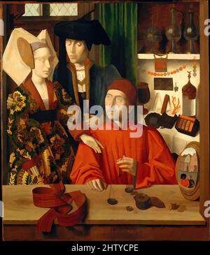 Art inspired by A Goldsmith in his Shop, 1449, Oil on oak panel, Overall 39 3/8 x 33 3/4 in. (100.1 x 85.8 cm); painted surface 38 5/8 x 33 1/2 in. (98 x 85.2 cm), Paintings, Petrus Christus (Netherlandish, Baarle-Hertog (Baerle-Duc), active by 1444–died 1475/76 Bruges), A celebrated, Classic works modernized by Artotop with a splash of modernity. Shapes, color and value, eye-catching visual impact on art. Emotions through freedom of artworks in a contemporary way. A timeless message pursuing a wildly creative new direction. Artists turning to the digital medium and creating the Artotop NFT Stock Photo