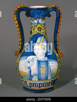 Art inspired by Apothecary vase (vaso da farmacia), ca. 1520–30, Italian, Castelli, Maiolica (tin-glazed earthenware), Height: 15 5/16 in. (38.9 cm), Ceramics-Pottery, Classic works modernized by Artotop with a splash of modernity. Shapes, color and value, eye-catching visual impact on art. Emotions through freedom of artworks in a contemporary way. A timeless message pursuing a wildly creative new direction. Artists turning to the digital medium and creating the Artotop NFT Stock Photo