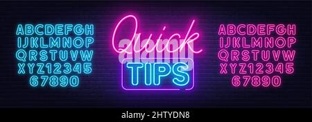 Quick Tips neon sign on brick wall background . Pink and blue neon alphabets. Stock Vector