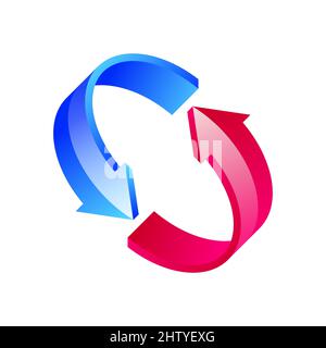 Blue and red curled arrows. Exchange symbol. 3D moving arrows. Shiny replace sign. Colorful reload icon. Arrow circle rotation. Two spinning arrows. Stock Vector