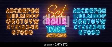 Set Goals Take Actions neon lettering on brick wall background. Yellow and blue neon alphabets. Stock Vector