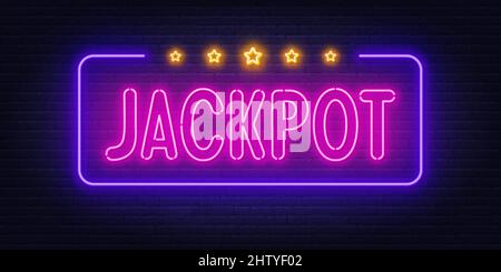 Neon sign Jackpot on brick wall background . Stock Vector