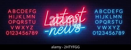 Latest News neon sign on brick wall background. Red and blue neon alphabets. Stock Vector