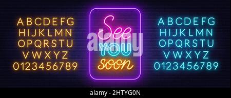 See You Soon neon lettering on brick wall background. Stock Vector