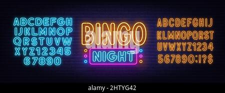 Bingo Night neon sign on brick wall background. Stock Vector