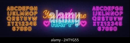 You Make Me Happy neon sign on brick wall background. Stock Vector