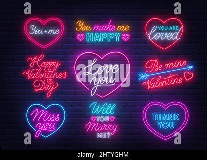 Happy Valentine's day neon quotes on brick wall background. Glowing Greeting Cards. Stock Vector