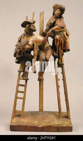 Art inspired by Descent from the Cross, early 16th century, South Netherlandish, Oak, polychromy and gilding, Overall: 23 3/4 x 11 1/4 x 4 3/4 in. (60.3 x 28.6 x 12.1 cm), Sculpture-Wood, Nicodemus and Joseph of Arimathea remove Christ’s body from the cross. The carving, once part of, Classic works modernized by Artotop with a splash of modernity. Shapes, color and value, eye-catching visual impact on art. Emotions through freedom of artworks in a contemporary way. A timeless message pursuing a wildly creative new direction. Artists turning to the digital medium and creating the Artotop NFT Stock Photo