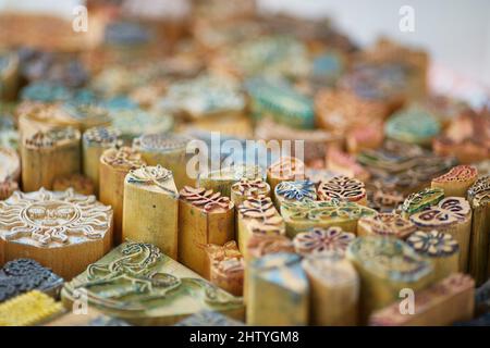 stamps for hand printing a pattern on fabric with paint Stock Photo