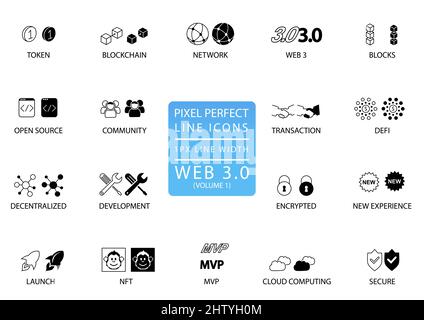 Pixel perfect thin line vector icon set for web3 or Web 3.0 concept. Configurable symbols for technology infographics Stock Vector