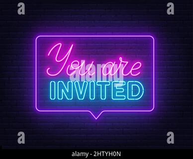 You are invited neon sign on brick wall background. Stock Vector