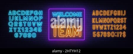 Welcome to the Team neon sign on a brick background. Stock Vector