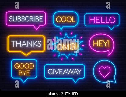 Set of neon speech bubbles signs subscribe, omg, hello, giveaway, cool, goodbye, thank you, like. Stock Vector
