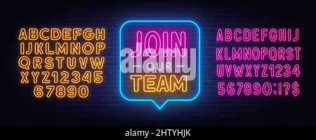 Join Our Team neon sign on a brick background. Stock Vector