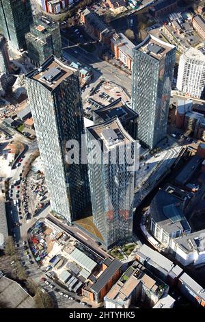 aerial view of the Deansgate Square apartment buildings developments in Manchester city centre Stock Photo