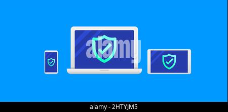 Computer, Phone and Tablet Set with Checked Security Icon Stock Vector