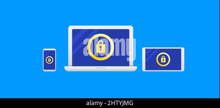 Computer, Phone and Tablet Set with Locked Security Icon Stock Vector