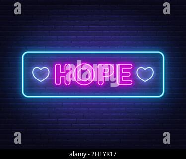Neon sign Hope on brick wall background. Stock Vector