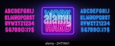 Work Hard neon lettering on brick wall background. Stock Vector