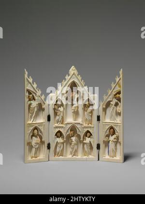 Art inspired by Triptych, ca. 1250–75, Made in possibly Paris, France, North French, Ivory, paint, gilding with metal mounts, Overall (wings opened): 9 1/16 x 5 1/2 x 1 3/16 in. (23 x 14 x 3 cm), Ivories, Portable ivory shrines may have facilitated the transmission of style and, Classic works modernized by Artotop with a splash of modernity. Shapes, color and value, eye-catching visual impact on art. Emotions through freedom of artworks in a contemporary way. A timeless message pursuing a wildly creative new direction. Artists turning to the digital medium and creating the Artotop NFT Stock Photo