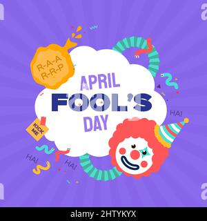 April Fools Day with Clown Character in flat cartoon style. April 1. Present box. Fools' Day Poster. Funny spring holiday. Stock Vector