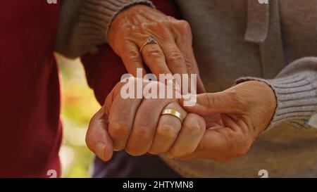 Caucasian couple showing their wedding rings to the camera. Close up shot. High quality photo Stock Photo