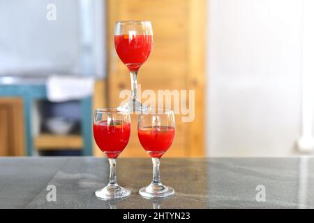 A beautifully decorated welcome drink or fruit juice of Prosecco fruit punch with oranges and mint leaves inside serves as a welcome drink at any part Stock Photo