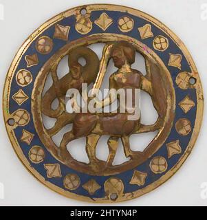 Art inspired by Medallion, 13th century (before 1227), Made in Limoges, France, French, Copper, champlevé enamel, Overall: 3 3/8 x 5/16 in. (8.5 x 0.8 cm), Enamels-Champlevé, These medallions probably come from a large traveling chest that belonged to Cardinal Guala Bicchieri. A, Classic works modernized by Artotop with a splash of modernity. Shapes, color and value, eye-catching visual impact on art. Emotions through freedom of artworks in a contemporary way. A timeless message pursuing a wildly creative new direction. Artists turning to the digital medium and creating the Artotop NFT Stock Photo