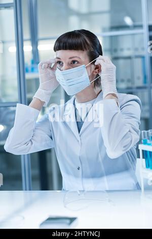 Female scientist in lab coat putting the mask on her face before work sitting at her workplace in laboratory Stock Photo