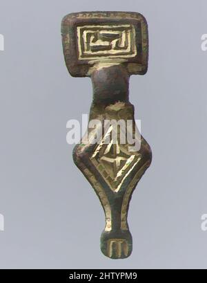 Art inspired by Miniature Square-Headed Brooch, 500–550, Made in Kent, England, Anglo-Saxon, Silver-gilt; iron pin, Overall: 1 3/4 x 5/8 x 3/8 in. (4.5 x 1.6 x 0.9 cm), Metalwork-Silver, The affinity of these brooches, found in France, with objects from Kent is evidence of the spread, Classic works modernized by Artotop with a splash of modernity. Shapes, color and value, eye-catching visual impact on art. Emotions through freedom of artworks in a contemporary way. A timeless message pursuing a wildly creative new direction. Artists turning to the digital medium and creating the Artotop NFT Stock Photo