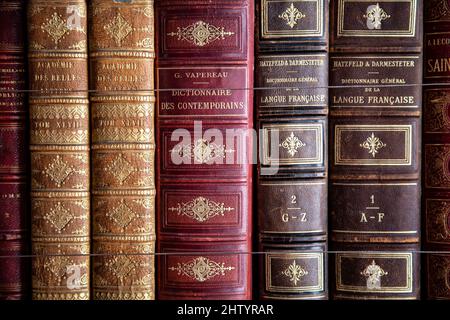 Old books bound in leather covered embossed with gold foil (Library, Wrest House, Wrest Park, Bedfordshire, UK)
