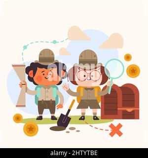 Hand drawn flat design treasure hunt Vector illustration. Stock Vector