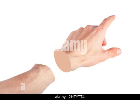 Severed hand pointing at something, montage. Cut off limb, body part abstract design, object isolated on white, cut out. Dissociation, disconnection a Stock Photo