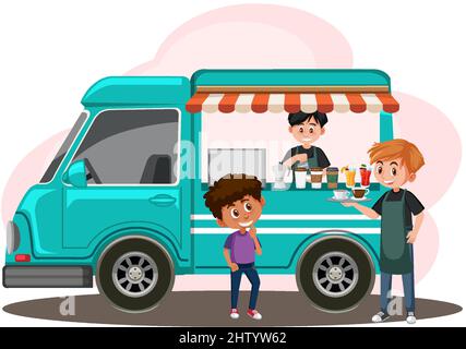 Flea market concept with food truck illustration Stock Vector