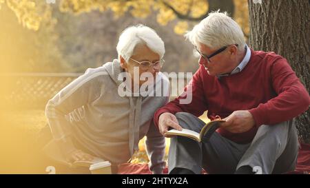 Senior couple spending their free time in a park, having a picnic, and reading books. High quality photo Stock Photo