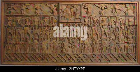 Art inspired by Altar Frontal, late 14th century, British, Oak, Overall (with frame): 30 3/16 x 64 3/8 x 3 in. (76.7 x 163.5 x 7.6 cm), Woodwork-Furniture, The central reliefs depict the Epiphany, or Adoration of the magi (above), and the Coronation of the Virgin (below). The twelve, Classic works modernized by Artotop with a splash of modernity. Shapes, color and value, eye-catching visual impact on art. Emotions through freedom of artworks in a contemporary way. A timeless message pursuing a wildly creative new direction. Artists turning to the digital medium and creating the Artotop NFT Stock Photo