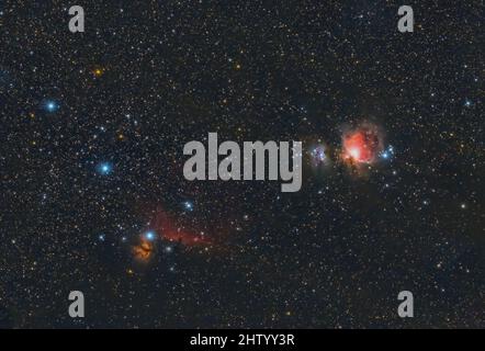 The stars of the Orion belt on 1st December 2021 with the Horsehead nebula and the Orion nebula Stock Photo