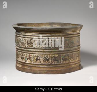 Art inspired by Cistern, 13th century, French, Lead, cast, Overall: 13 3/8 x 22 1/4 in. (34 x 56.5 cm), Metalwork-Lead, Similar lead cisterns have been found in churches in the region of Toulouse, where they were placed on stone columns and used as fonts for the water used in baptism, Classic works modernized by Artotop with a splash of modernity. Shapes, color and value, eye-catching visual impact on art. Emotions through freedom of artworks in a contemporary way. A timeless message pursuing a wildly creative new direction. Artists turning to the digital medium and creating the Artotop NFT Stock Photo