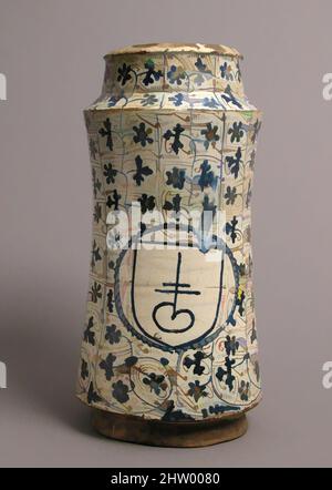 Art inspired by Pharmacy Jar, 16th century, Made in Valencia, Spanish, Earthenware, tin-glaze (lusterware), Overall: 12 5/8 x 6 5/16 in. (32 x 16.1 cm), Ceramics, The albarello, a vessel introduced to Spain from the Near East through the spice trade, was rapidly adopted by Valencian, Classic works modernized by Artotop with a splash of modernity. Shapes, color and value, eye-catching visual impact on art. Emotions through freedom of artworks in a contemporary way. A timeless message pursuing a wildly creative new direction. Artists turning to the digital medium and creating the Artotop NFT Stock Photo