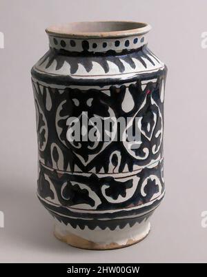 Art inspired by Pharmacy Jar, early 1400s, Made in Florence, Tuscany, Italy, Italian, Tin-glazed earthenware, Overall: 11 15/16 x 7 1/2 in. (30.4 x 19 cm), Ceramics, Classic works modernized by Artotop with a splash of modernity. Shapes, color and value, eye-catching visual impact on art. Emotions through freedom of artworks in a contemporary way. A timeless message pursuing a wildly creative new direction. Artists turning to the digital medium and creating the Artotop NFT Stock Photo