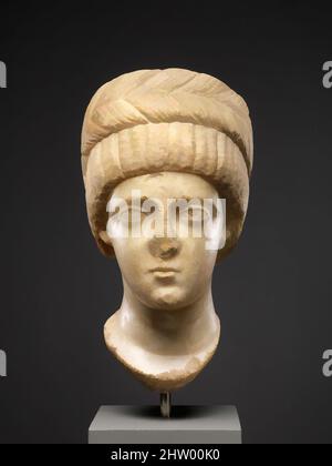 Art inspired by Head, Possibly of Empress Flaccilla, ca. 380–390, Byzantine, Marble, Overall: 10 11/16 x 6 1/8 x 6 11/16 in. (27.2 x 15.5 x 17 cm), Sculpture-Stone, The hairstyle and facial features are those of Aelia Flaccilla, wife of Theodosius I. In about 382 she was the first, Classic works modernized by Artotop with a splash of modernity. Shapes, color and value, eye-catching visual impact on art. Emotions through freedom of artworks in a contemporary way. A timeless message pursuing a wildly creative new direction. Artists turning to the digital medium and creating the Artotop NFT Stock Photo