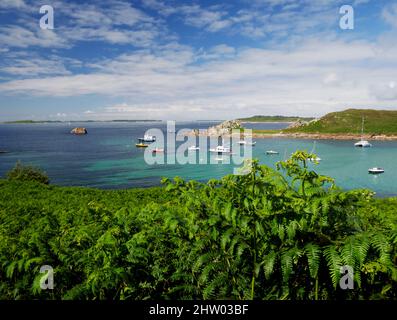 Looking towards Porth Conger and Gugh from St Agnes, Isles of Scilly. Stock Photo