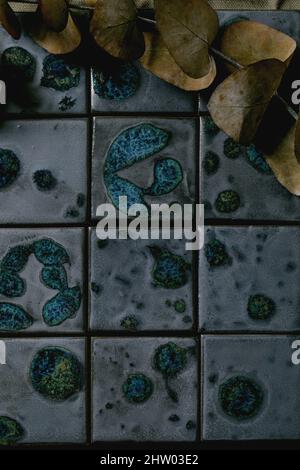 Dark black textured ceramic tiles blue spotted glaze abstract background with eucalyptus branch. Top view, copy space Stock Photo