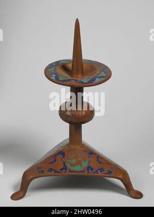 Art inspired by Pricket Candlestick (one of a pair), ca. 1180, Made in Limoges, France, French, Copper: engraved, scraped, stippled, and gilt; champlevé enamel: dark, medium, and light blue; green, yellow, red, and white on bronze, 9 3/8 x 7 1/16 in. (23.8 x 18 cm), Enamels-Champlevé, Classic works modernized by Artotop with a splash of modernity. Shapes, color and value, eye-catching visual impact on art. Emotions through freedom of artworks in a contemporary way. A timeless message pursuing a wildly creative new direction. Artists turning to the digital medium and creating the Artotop NFT Stock Photo